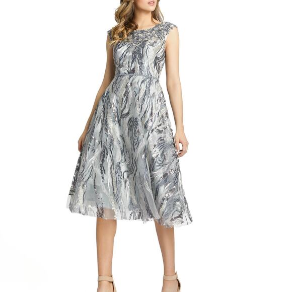 Mac Duggal 67495 Graphite Beaded Jewel Neck Tea Length Dress Size 8 - Picture 1 of 7